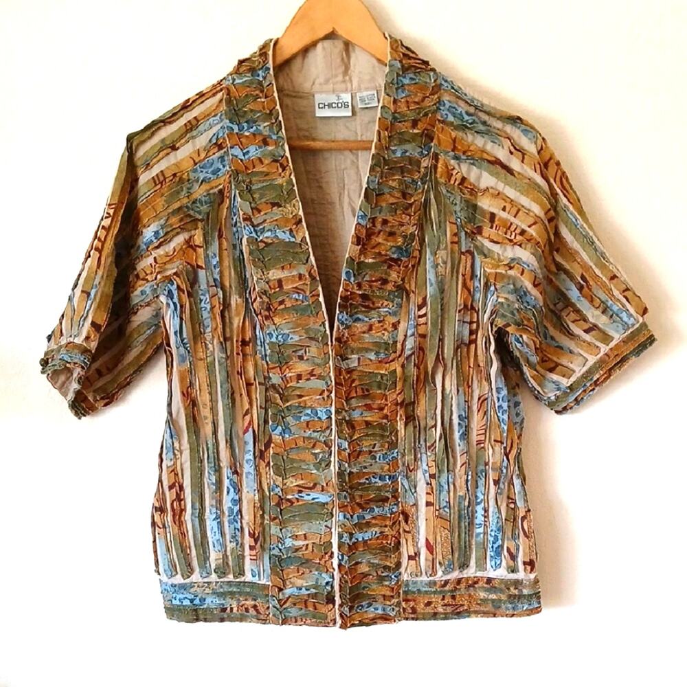 Chico's Women's Short Sleeve Boho Striped Rag Jacket